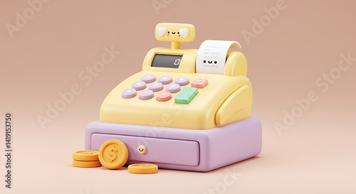 Cash Register with Coins Pastel Colors 3d Render