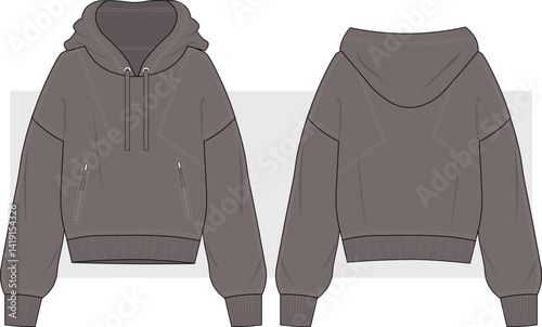 Oversized basic pullover hoodie with zipper pocket. Fashion technical drawing, illustration, vector. Front and back view. Unisex casual clothing, Cad, Mockup.