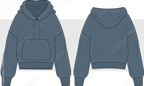 Oversized basic pullover hoodie with kangaroo pocket. Fashion technical drawing, illustration, vector. Front and back view. Unisex casual clothing, Cad, Mockup.