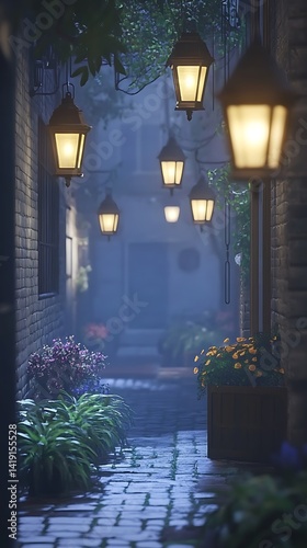 Foggy alleyway with hanging lanterns at night
