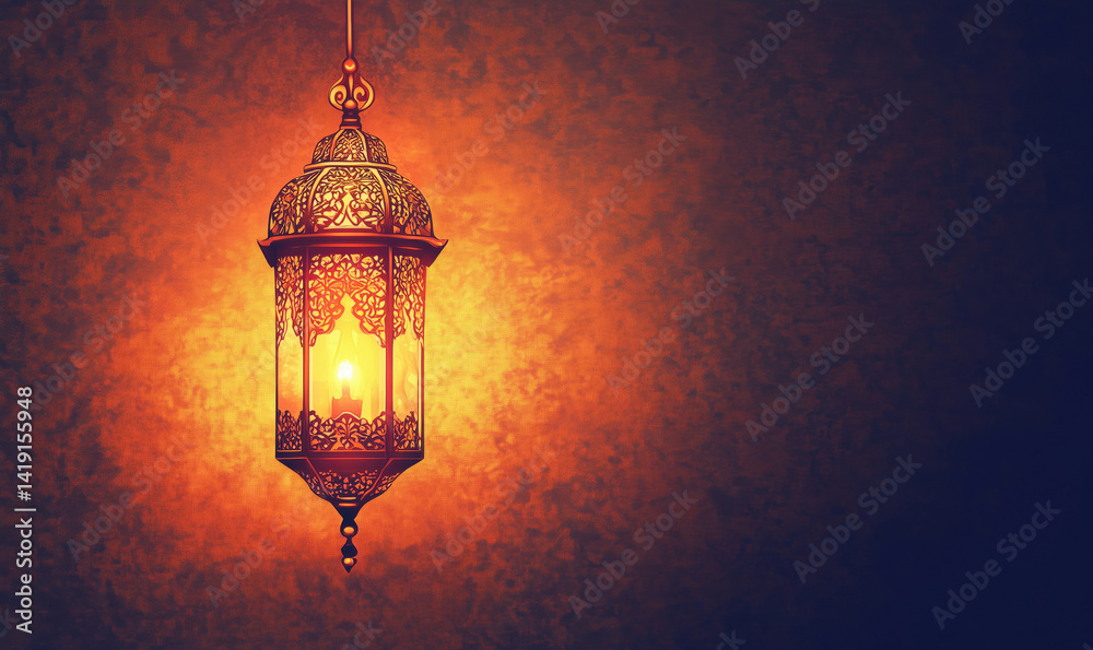 Intricate Moroccan Lantern Illuminating Warm Glow Against Textured Background, Exquisite Metalwork and Design, Perfect for Ambient Lighting. Intricate Moroccan Lantern Illuminating Warm Glow Against Textured Background, Exquisite Metalwork and Design, Perfect for Ambient Lighting.