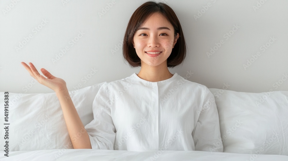 Happy Young Woman Smiling While Sitting on Bed with White Blankets Happy Young Woman Smiling While Sitting on Bed with White Blankets