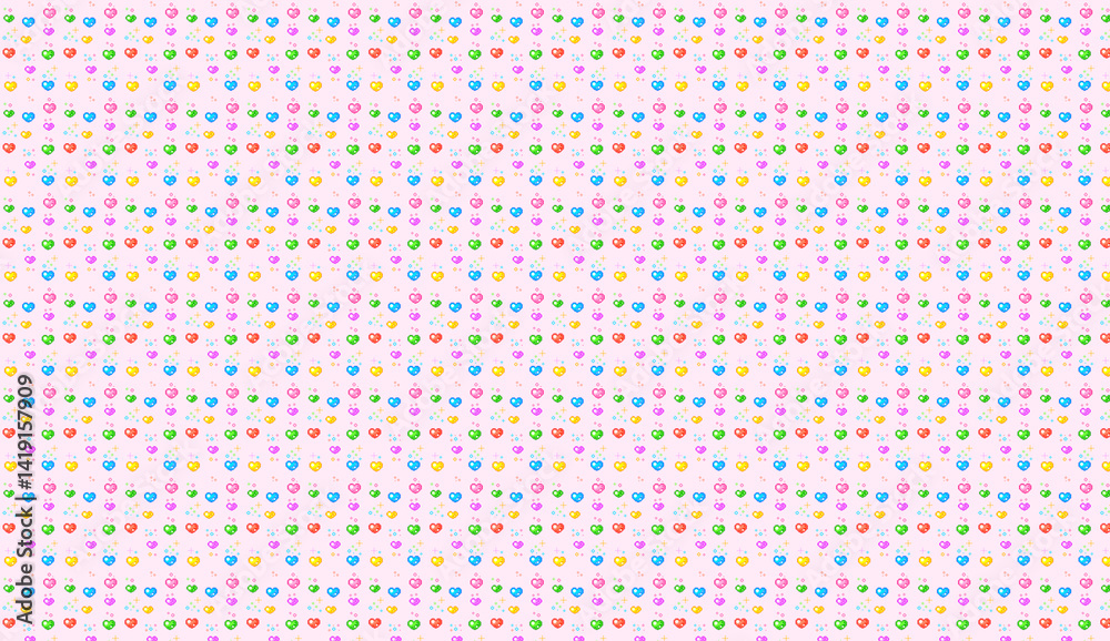 Colorful pixel art hearts creating a vibrant and romantic pattern on pink background Colorful pixel art hearts creating a vibrant and romantic pattern on pink background