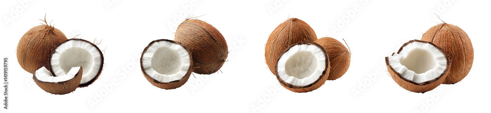Fresh coconuts whole and cut in halves, healthy fruit, cut out transparent Fresh coconuts whole and cut in halves, healthy fruit, cut out transparent