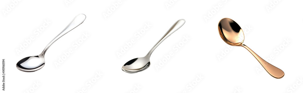 Elegant table setting, polished spoons of different metals, cut out transparent Elegant table setting, polished spoons of different metals, cut out transparent