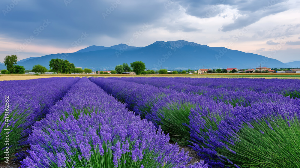 Obraz premium Rolling lavender fields stretch to horizon under dramatic cloudy sky, with majestic mountain range in background. vibrant purple hues create serene and picturesque scene