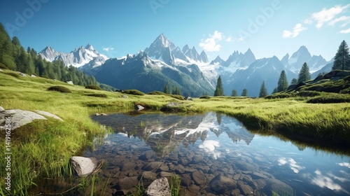 mountain landscape with lake and mountains