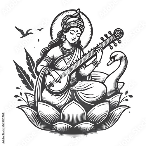 Goddess Saraswati Playing Veena on Lotus