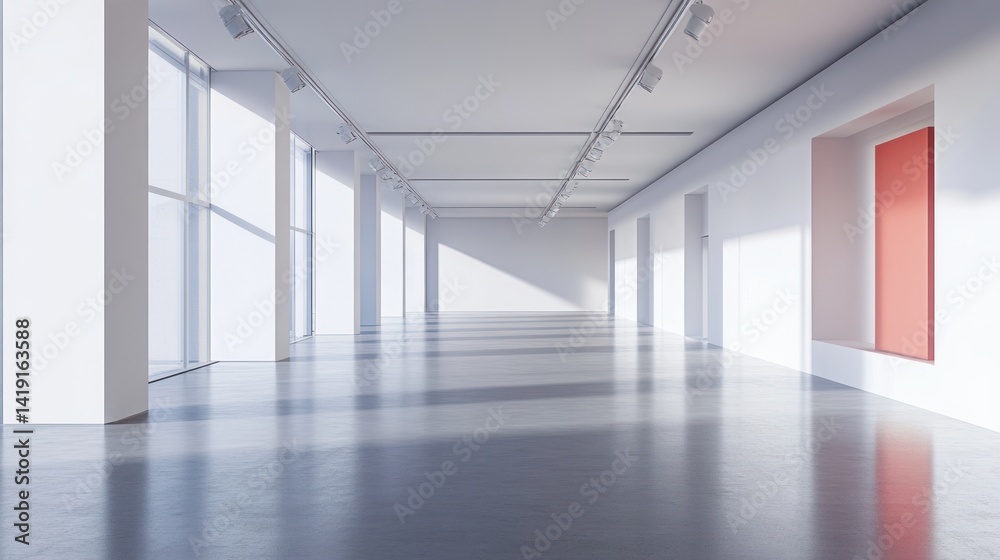 Modern, bright, empty gallery space with large windows