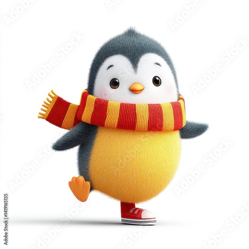 Adorable Fluffy Penguin Chick in Scarf and Shoes on White Background