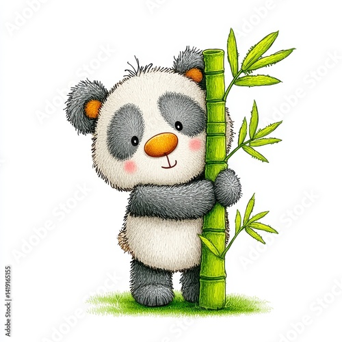 Adorable Fluffy Cartoon Panda Hugging Green Bamboo