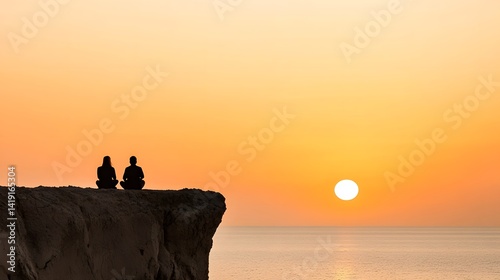Romantic couple sitting together on a cliffside silhouetted against the breathtaking backdrop of a vibrant sunset over the horizon