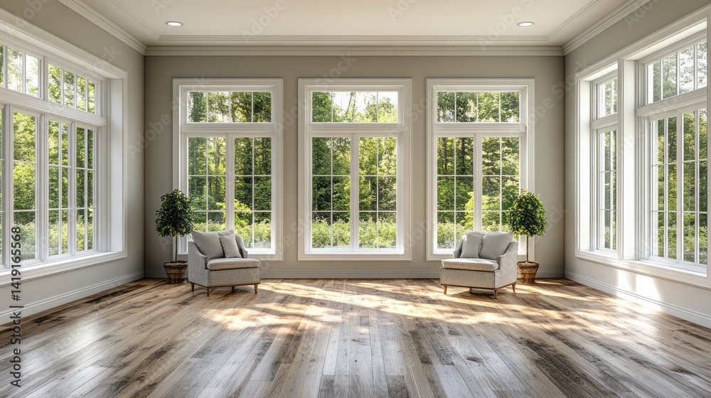 Obraz premium Bright and airy room featuring large windows and armchairs