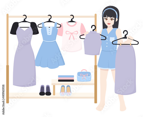 Woman Choosing Clothes in Front of Clothes rack. Flat Vector Illustration