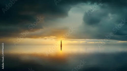 Majestic lighthouse standing tall against a serene coastal horizon its warm beacon of light shining into the dusky evening sky