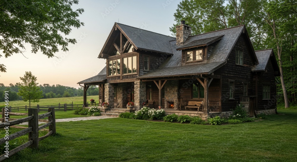 Rustic Log Cabin Home in Green Meadow at Sunset Rustic Log Cabin Home in Green Meadow at Sunset