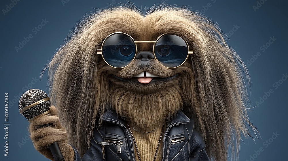 A fluffy brown dog wearing sunglasses and a leather jacket holds a microphone, tongue sticking out against a muted blue background. Studio shot A fluffy brown dog wearing sunglasses and a leather jacket holds a microphone, tongue sticking out against a muted blue background. Studio shot