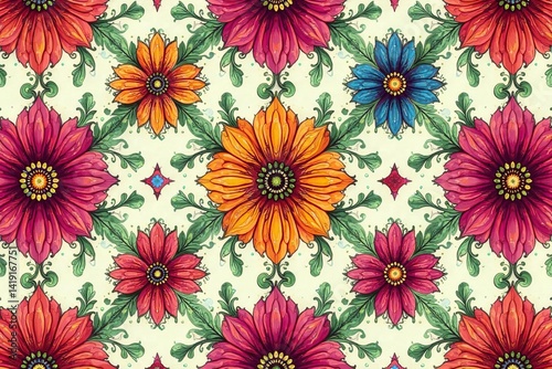 Intricate floral textile design, repeating seamlessly , stylish, surface, texture