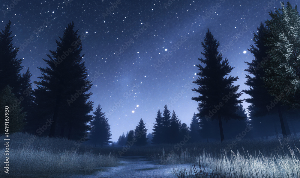 Starry Night Sky Over Winter Forest Pathway with Tall Pine Trees and Frosty Grass.