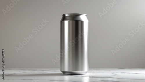 Silver aluminum can mockup, perfect for showcasing product branding and design. photo