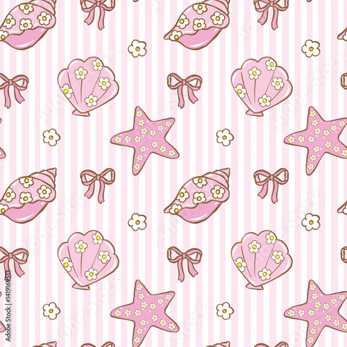 Cute Groovy Pastel Summer Seamless Pattern Coastal Seashell with Flower Pattern wallpaper