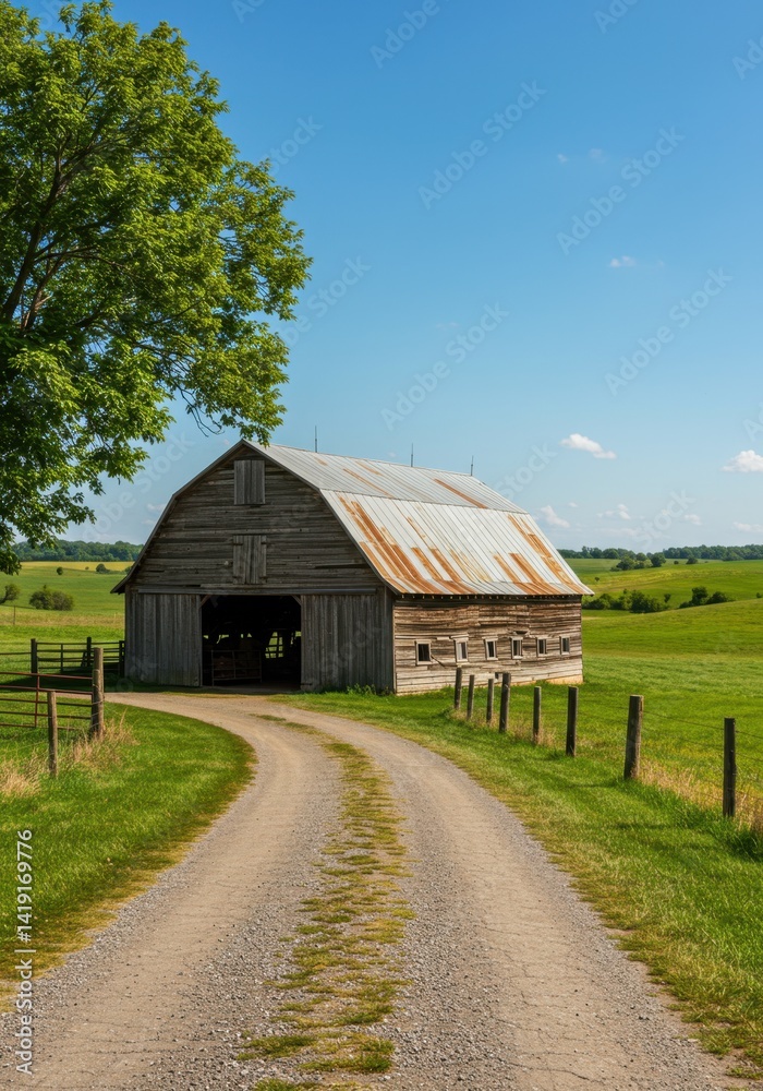 Obraz premium Rustic Wooden Barn in a Green Field