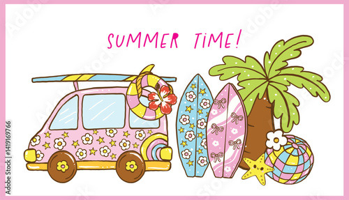 Cute Groovy Pastel Summer Van Doodle with Surfboard, Palm Tree, Beach Ball