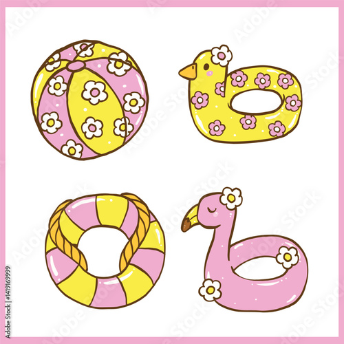 Cute Groovy Summer Float Set Bright Pastel Summer Things, flamingo float, duck float, beach ball, lifebuoy cartoon hand drawn set