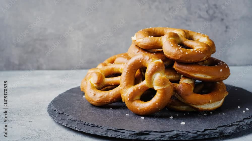Pile of golden brown pretzels stacked on a black slate plate with a gray background, sprinkled with salt and baked doughy snack