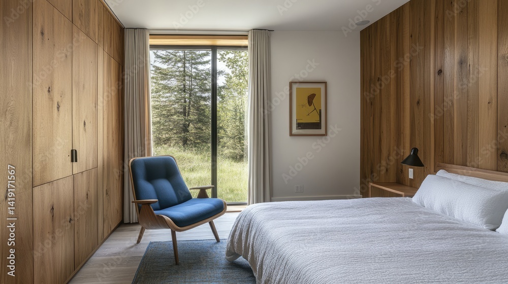 Fototapeta premium Bedroom with architectural wood and fabric layering, highlighted by a blue accent chair