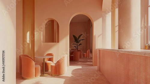 Bright caf space with soft coral chairs  coordinated light pink wall accents  and warm-toned tiles