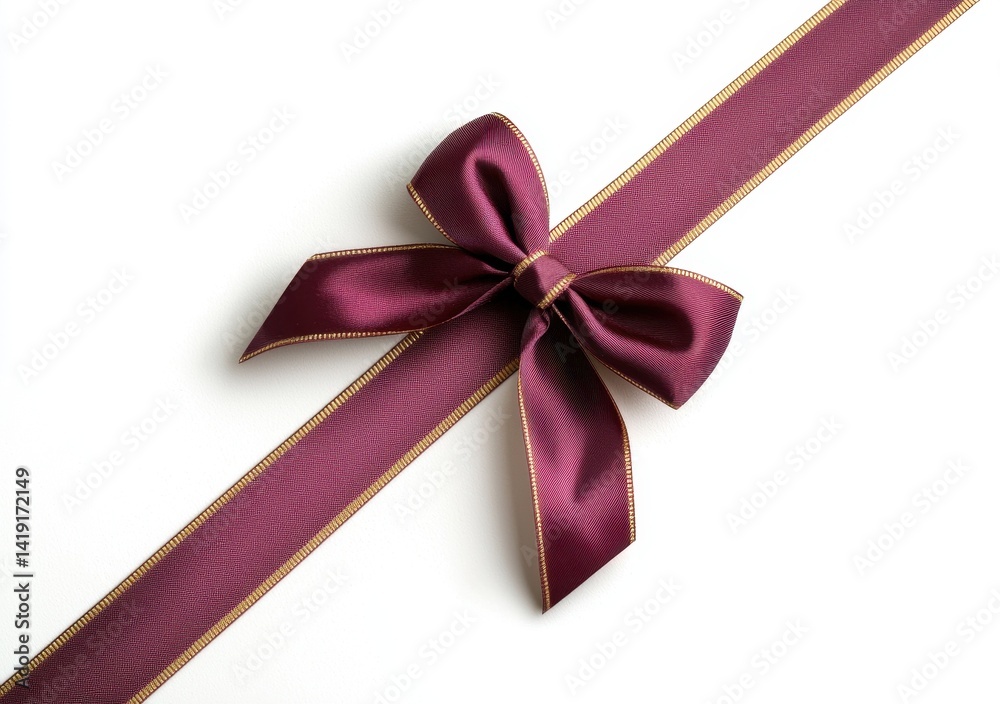 Elegant Burgundy Satin Bow with Gold Trim on White Background Elegant Burgundy Satin Bow with Gold Trim on White Background