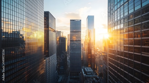 Panoramic view of a futuristic city skyline at sunrise with golden light beautifully reflecting off the sleek modern high rise buildings and glass facades  This cityscape showcases the innovation