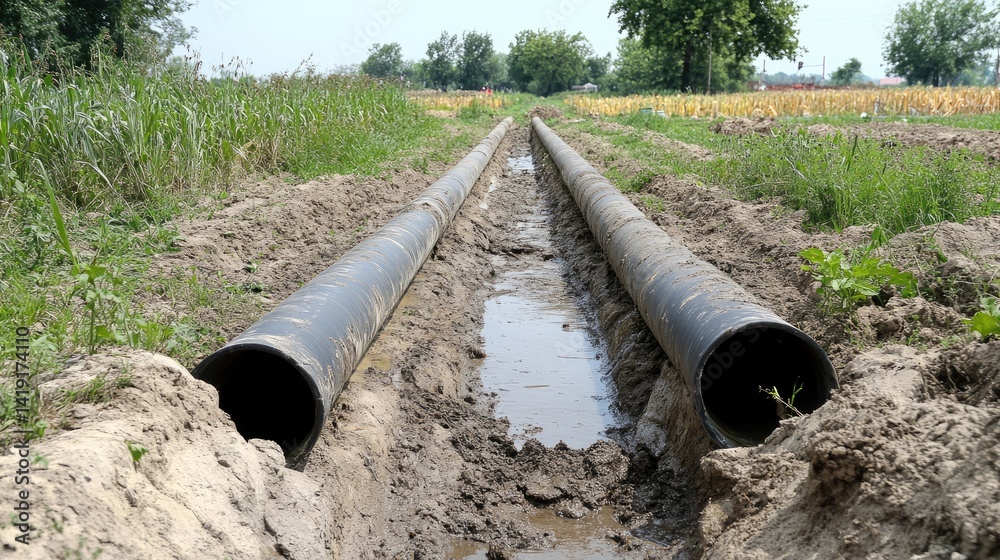 Drip irrigation pipes laid across dry farmland for efficient water delivery Drip irrigation pipes laid across dry farmland for efficient water delivery