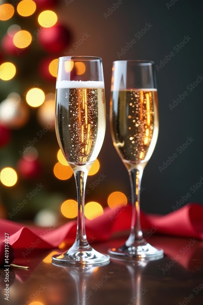 Elegant champagne flutes against festive background with double exposure effect, luxury, elegant, empty Elegant champagne flutes against festive background with double exposure effect, luxury, elegant, empty