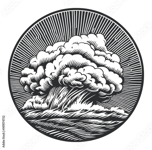 Detailed Engraving of a Dramatic Cloud and Wave Illustration