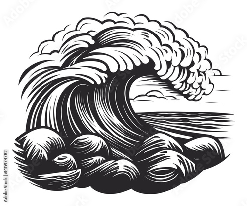 Detailed Engraving of a Majestic Ocean Wave with Rocks