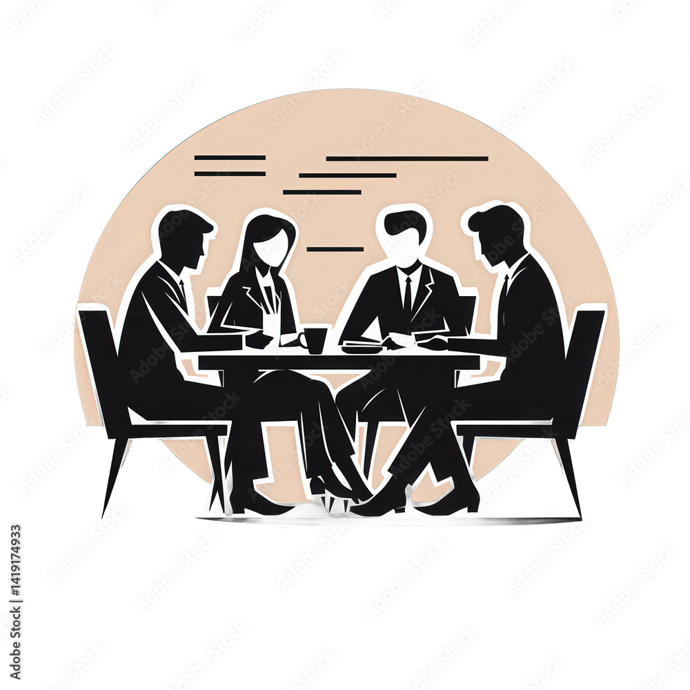 A professional business meeting with four individuals engaged in discussion around a table, set against a minimalist background , isolated on white or transparent png A professional business meeting with four individuals engaged in discussion around a table, set against a minimalist background , isolated on white or transparent png