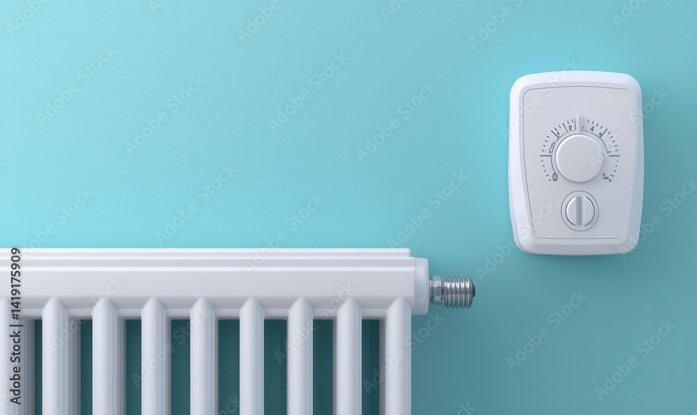 Modern White Radiator with Adjustable Thermostat on Blue Wall Modern White Radiator with Adjustable Thermostat on Blue Wall
