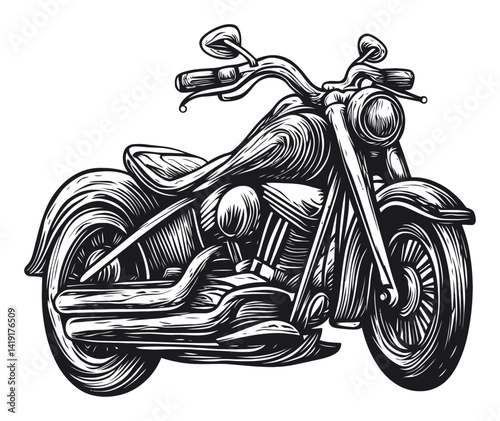 Hand-Drawn Motorcycle Engraving in Black and White Style