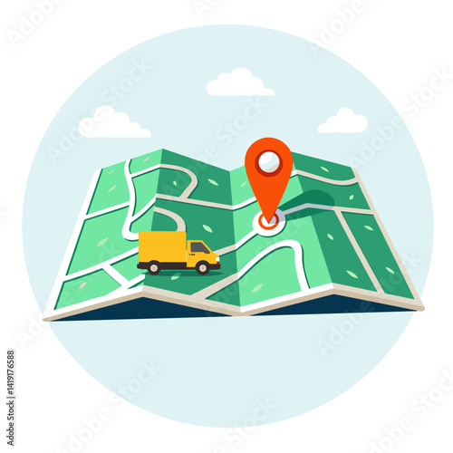 Map with Navigation Pin and Delivery Truck Illustration  
