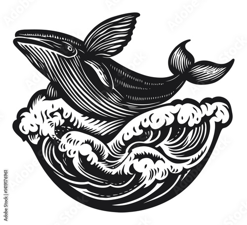 Artistic Engraving of Whale Leaping Through Ocean Waves Design