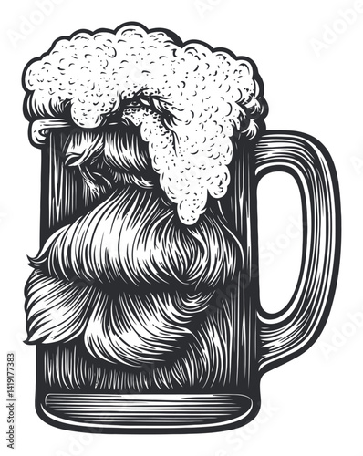 Vintage Engraving of Beer Mug with Artistic Head and Foam