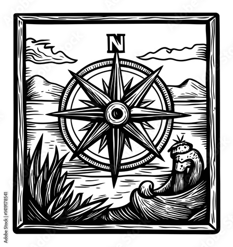 Engraving of Compass with Nautical Scene and Figure Near Water