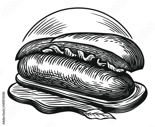 Vintage Engraving of a Hot Dog on a Bun with Condiments