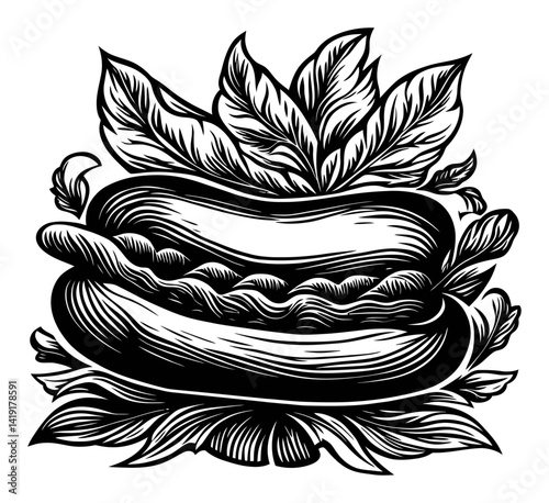 Black and White Engraving of Hot Dog Surrounded by Leaves
