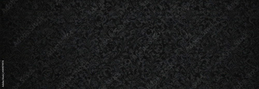 Black gothic damask wallpaper; swirling vines & intricate floral details create a seamless design , shadow, repeat