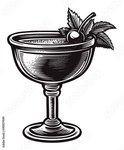 Vintage Engraving of Cocktail Glass with Cherry and Mint Leaves