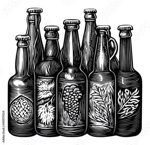 Vintage Engraving of Various Beer Bottles with Intricate Designs
