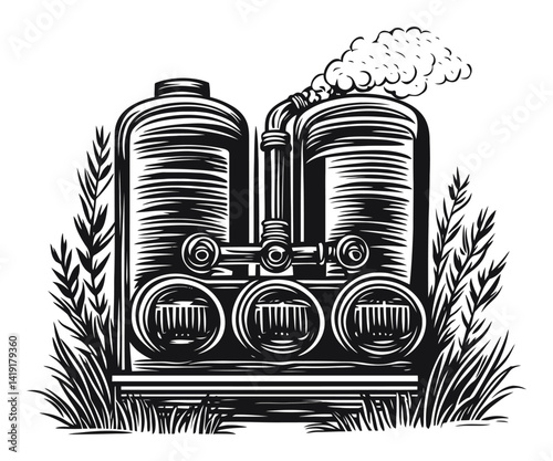 Vintage Engraving of Industrial Machinery with Nature Elements